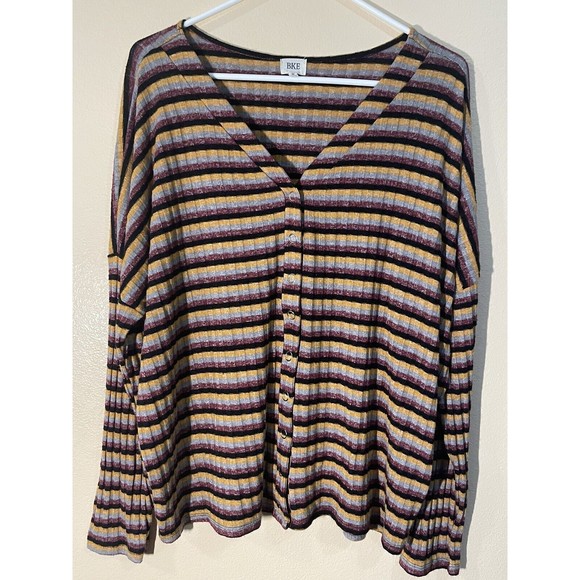 BKE Women’s Ribbed V Neck Long Sleeve Button Up Striped Shirt Medium - Picture 1 of 6